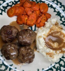 Pot Roast Meatballs with Mashed Potatoes, Gravy & Honey Glazed Carrots