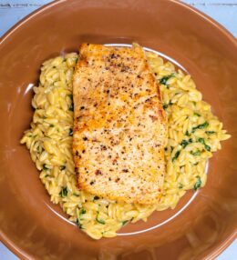 Butter Poached Salmon & Lobster Orzo & Cheese