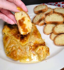 Pastry Baked Brie with Sugar Plum Jam & Baguette Slices