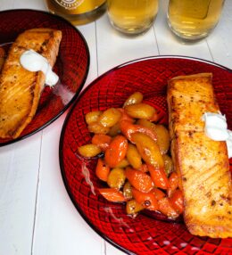 Salmon with Dill Crema & Carrots with Whiskey Ginger Glaze