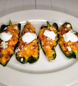 Buffalo Chicken Stuffed Poblano Peppers with Ranch Crema