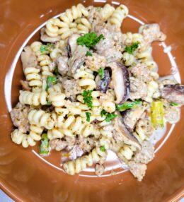 Creamy Sausage Pesto Pasta with Mushrooms & Asparagus