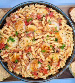 Scallops Gemelli Pasta in Tomato Sauce with Crusty Bread & Garlic Aioli