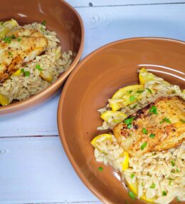 Cod, Summer Squash & Orzo with Lemon Butter Sauce