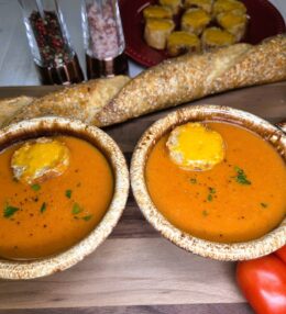 Creamy Tomato Soup with Toasted Cheese Crostini