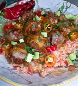 Baked Enchilada Meatballs and Spanish Rice